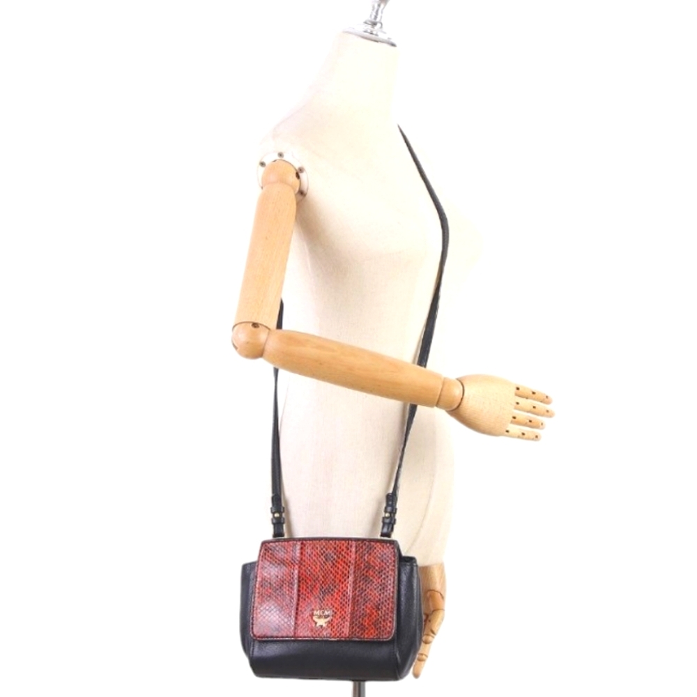 MCM Black Leather Orange Snakeskin Embossed Crossbody Bag - Picture 7 of 7